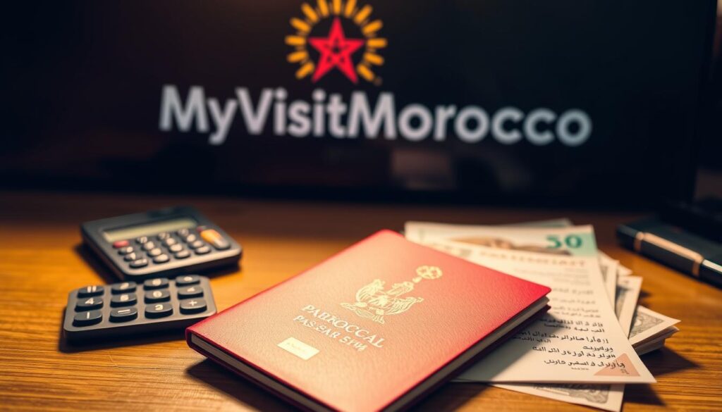 A neatly organized desktop with a Moroccan passport, calculator, and stack of Moroccan Dirhams, all bathed in warm, directional lighting. In the background, a blurred image of the MyVisitMorocco logo hovers, conveying the official, government-sanctioned nature of the scene. The passport's cover prominently displays the Moroccan coat of arms, while the open pages reveal detailed information about the renewal fees. The calculator and currency suggest a careful, considered approach to budgeting for this administrative process. The overall mood is one of professionalism and attention to detail, reflecting the importance of this document renewal. A neatly organized desktop with a Moroccan passport, calculator, and stack of Moroccan Dirhams, all bathed in warm, directional lighting. In the background, a blurred image of the MyVisitMorocco logo hovers, conveying the official, government-sanctioned nature of the scene. The passport's cover prominently displays the Moroccan coat of arms, while the open pages reveal detailed information about the renewal fees. The calculator and currency suggest a careful, considered approach to budgeting for this administrative process. The overall mood is one of professionalism and attention to detail, reflecting the importance of this document renewal.