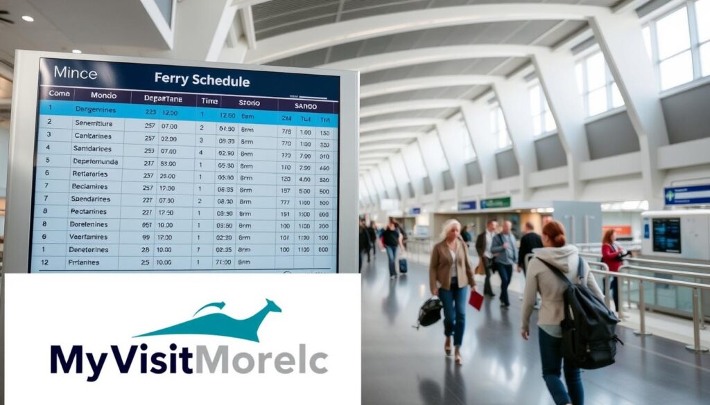 A neatly organized ferry schedule board situated in a well-lit, modern ferry terminal. The board displays detailed route information, departure times, and arrival destinations in a clean, easy-to-read layout. In the foreground, a MyVisitMorocco logo is prominently displayed, lending an air of professionalism and authority. The middle ground features passengers casually moving through the terminal, creating a sense of activity and anticipation. The background showcases the architectural features of the terminal, with high ceilings, large windows, and sleek, minimalist design elements. The overall mood is one of efficiency, reliability, and excitement for the upcoming journey across the Strait of Gibraltar. A neatly organized ferry schedule board situated in a well-lit, modern ferry terminal. The board displays detailed route information, departure times, and arrival destinations in a clean, easy-to-read layout. In the foreground, a MyVisitMorocco logo is prominently displayed, lending an air of professionalism and authority. The middle ground features passengers casually moving through the terminal, creating a sense of activity and anticipation. The background showcases the architectural features of the terminal, with high ceilings, large windows, and sleek, minimalist design elements. The overall mood is one of efficiency, reliability, and excitement for the upcoming journey across the Strait of Gibraltar.