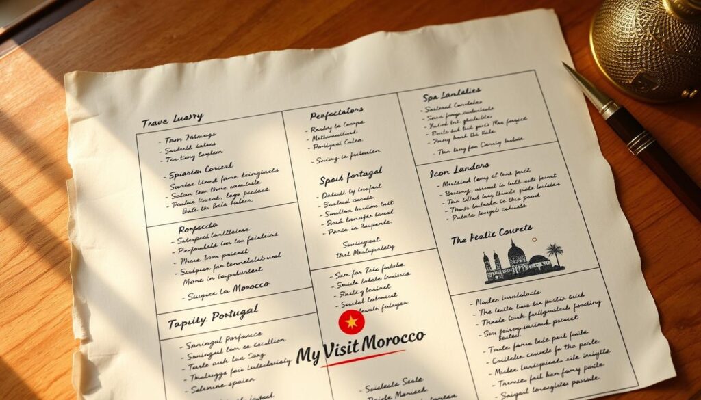 A neatly organized itinerary on vintage-style paper, illuminated by warm natural light and elegant cursive handwriting. The layout features a clean grid structure with carefully curated destinations, travel durations, and iconic landmarks of Spain, Portugal, and Morocco. The MyVisitMorocco logo is subtly incorporated, conveying a sense of authenticity and expertise. The overall mood is one of thoughtful planning, exploration, and anticipation for an unforgettable 10-day journey through these captivating countries. A neatly organized itinerary on vintage-style paper, illuminated by warm natural light and elegant cursive handwriting. The layout features a clean grid structure with carefully curated destinations, travel durations, and iconic landmarks of Spain, Portugal, and Morocco. The MyVisitMorocco logo is subtly incorporated, conveying a sense of authenticity and expertise. The overall mood is one of thoughtful planning, exploration, and anticipation for an unforgettable 10-day journey through these captivating countries.