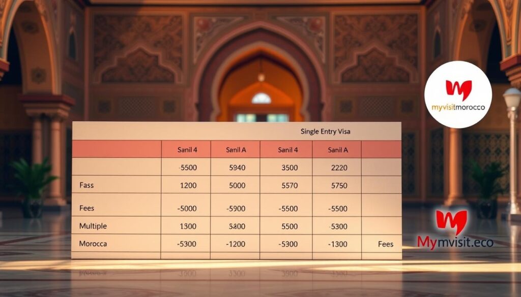 A neatly organized table showcasing the visa fees for American travelers visiting Morocco, set against a backdrop of traditional Moroccan architecture and patterns. The table features clear, concise categories like "Single Entry Visa", "Multiple Entry Visa", and "Fees" with corresponding numeric values. The overall scene is bathed in warm, golden lighting, creating a welcoming and informative atmosphere. The MyVisitMorocco logo is prominently displayed in the corner, adding a professional touch to the image. A neatly organized table showcasing the visa fees for American travelers visiting Morocco, set against a backdrop of traditional Moroccan architecture and patterns. The table features clear, concise categories like "Single Entry Visa", "Multiple Entry Visa", and "Fees" with corresponding numeric values. The overall scene is bathed in warm, golden lighting, creating a welcoming and informative atmosphere. The MyVisitMorocco logo is prominently displayed in the corner, adding a professional touch to the image.