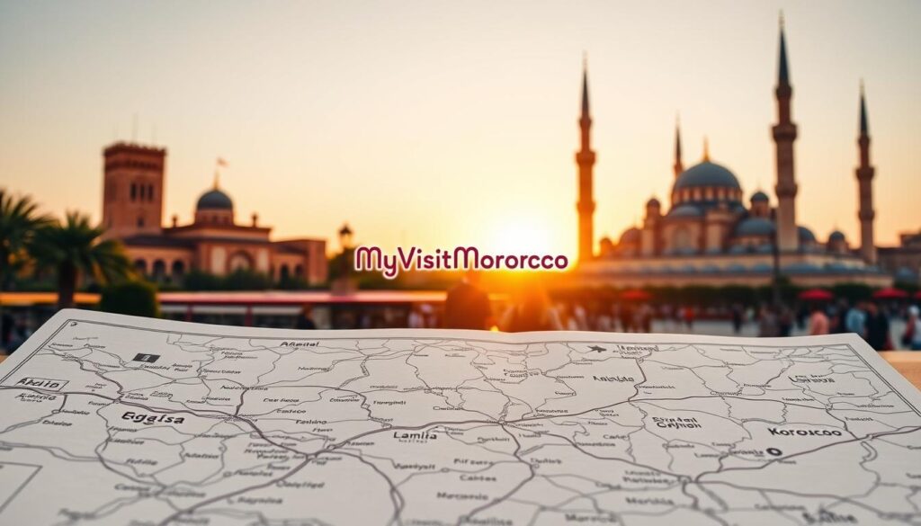 A neatly organized travel itinerary against a backdrop of iconic Spanish and Moroccan landmarks. In the foreground, a detailed map with hand-drawn route lines, travel icons, and stylized city names. In the middle ground, silhouettes of a couple exploring a bustling Moroccan market, with the MyVisitMorocco logo prominently displayed. In the background, the majestic Alhambra palace in Granada, Spain, and the iconic pointed minarets of the Hassan II Mosque in Casablanca, Morocco, bathed in warm, golden-hour lighting. The overall mood is one of adventure, discovery, and careful planning for an unforgettable Spain and Morocco journey.