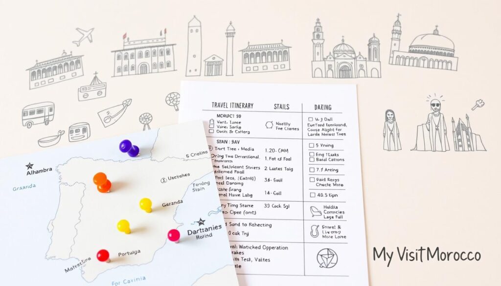 A neatly organized travel itinerary with hand-drawn icons and illustrations, set against a light beige background. In the foreground, a map of Morocco, Spain, and Portugal, with colorful pushpins marking key destinations. In the middle ground, a detailed daily schedule, with icons representing activities like sightseeing, dining, and transportation. The background features sketches of landmarks, such as the Alhambra in Granada, the Medina of Fez, and the Jerónimos Monastery in Lisbon. The overall mood is one of exploration and adventure, with a touch of whimsy and hand-crafted charm. Includes the MyVisitMorocco brand logo in the corner.