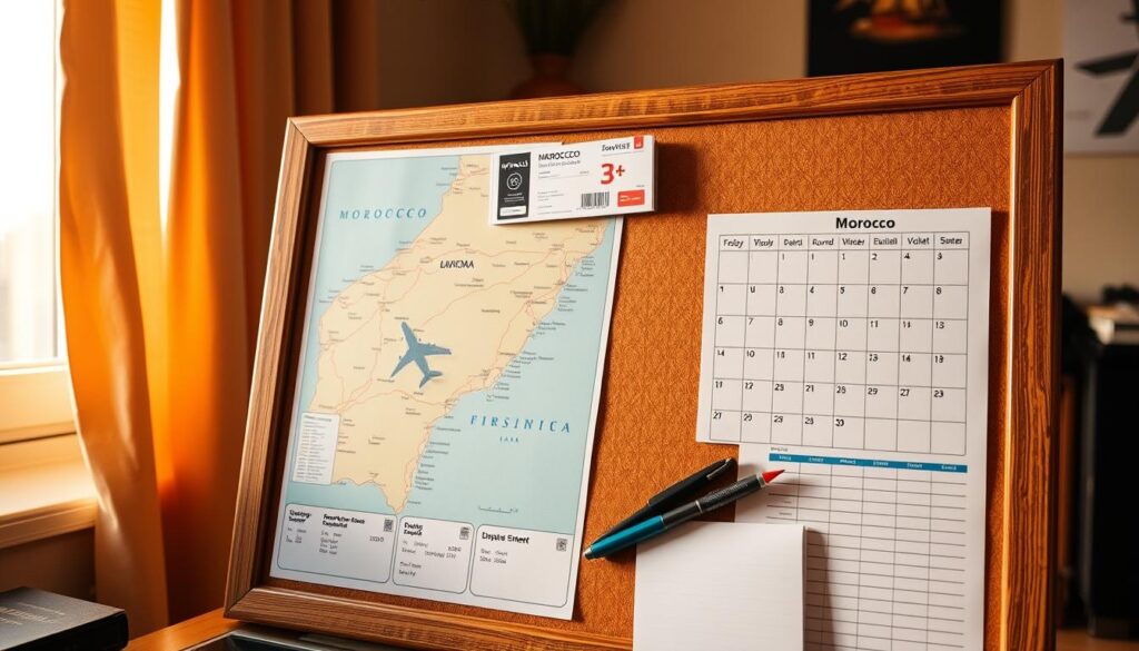 A neatly organized travel planning board with a map of Morocco, airline tickets, a calendar, a pen, and a "MyVisitMorocco" branded notepad. The board is situated in a cozy, well-lit home office setting, with warm natural lighting filtering through a window. The overall mood is one of careful planning and anticipation for an upcoming Moroccan adventure.