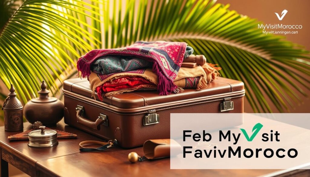 A neatly packed suitcase rests on a wooden table, surrounded by Moroccan-inspired textiles, leather goods, and metal trinkets. The warm, golden lighting casts a cozy glow, hinting at the vibrant culture and traditions awaiting in Morocco. In the background, a lush, verdant palm frond sways gently, creating a sense of tranquility. The MyVisitMorocco logo subtly adorns the corner, guiding travelers towards an unforgettable journey. This image captures the essence of packing for a February visit to Morocco, where the weather is mild, and the possibilities for exploration are endless.