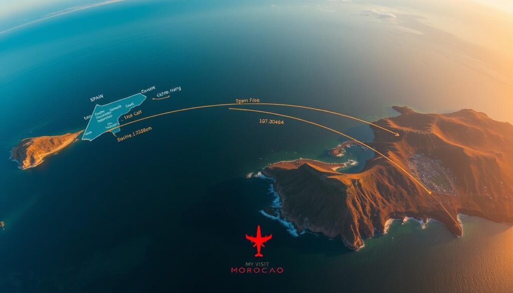 A panoramic aerial view of the Strait of Gibraltar, showcasing the distance between the southern coast of Spain and the northern coast of Morocco. The scene features a detailed map overlay highlighting major cities on both sides, along with estimated travel times by car, ferry, and airplane. The image is captured at golden hour, casting a warm, cinematic glow over the tranquil waters and rugged coastlines. In the foreground, the MyVisitMorocco logo subtly appears, complementing the scenic view and reinforcing the geographic connection between the two countries.