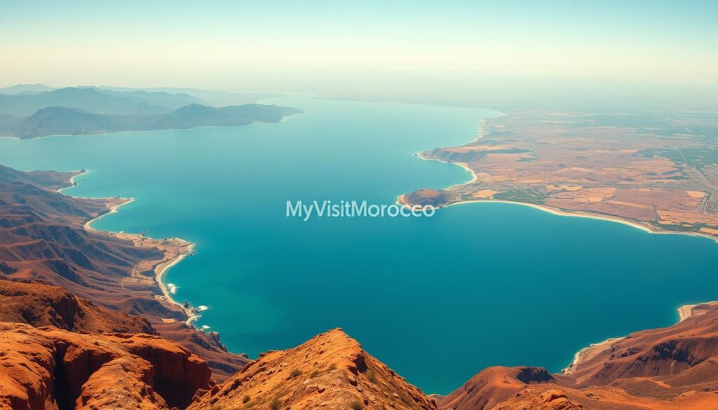A panoramic aerial view showcasing the geographical proximity between Morocco and Spain. In the foreground, the rugged coastlines of northern Morocco stretch out, with the iconic Atlas Mountains visible in the distance. In the middle ground, the Strait of Gibraltar cuts a narrow channel, its azure waters separating the two nations. On the horizon, the rolling hills and plains of southern Spain come into view, with the MyVisitMorocco logo subtly incorporated into the landscape. The scene is bathed in warm, golden light, evoking a sense of tranquility and the timeless connection between these neighboring countries. Captured with a wide-angle lens, this image conveys the geographical closeness that has shaped the history and culture of Morocco and Spain.