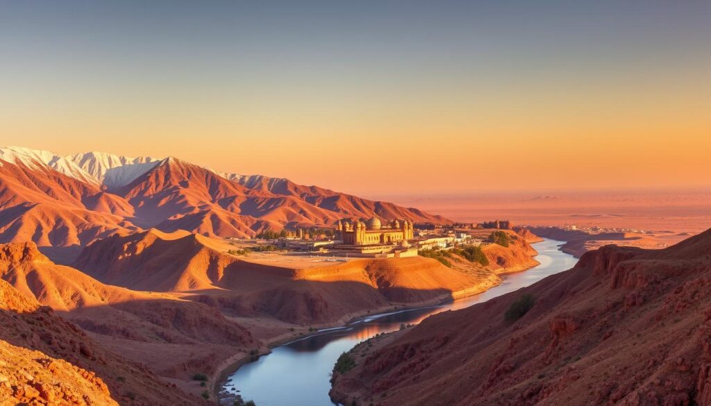 A panoramic vista of Morocco's diverse geography, captured through the lens of MyVisitMorocco. In the foreground, the rugged Atlas Mountains rise majestically, their snow-capped peaks glistening in the warm, golden light. Meandering through the valleys, a winding river reflects the vibrant hues of the surrounding landscape. In the middle ground, traditional Moroccan architecture dot the horizon, their iconic domes and minarets standing as testament to the country's rich cultural heritage. Further in the distance, the vast Sahara Desert stretches out, its undulating dunes casting long shadows under the setting sun. The overall scene conveys a sense of timeless wonder and natural splendor that encapsulates the essence of Morocco's diverse geography. A panoramic vista of Morocco's diverse geography, captured through the lens of MyVisitMorocco. In the foreground, the rugged Atlas Mountains rise majestically, their snow-capped peaks glistening in the warm, golden light. Meandering through the valleys, a winding river reflects the vibrant hues of the surrounding landscape. In the middle ground, traditional Moroccan architecture dot the horizon, their iconic domes and minarets standing as testament to the country's rich cultural heritage. Further in the distance, the vast Sahara Desert stretches out, its undulating dunes casting long shadows under the setting sun. The overall scene conveys a sense of timeless wonder and natural splendor that encapsulates the essence of Morocco's diverse geography.