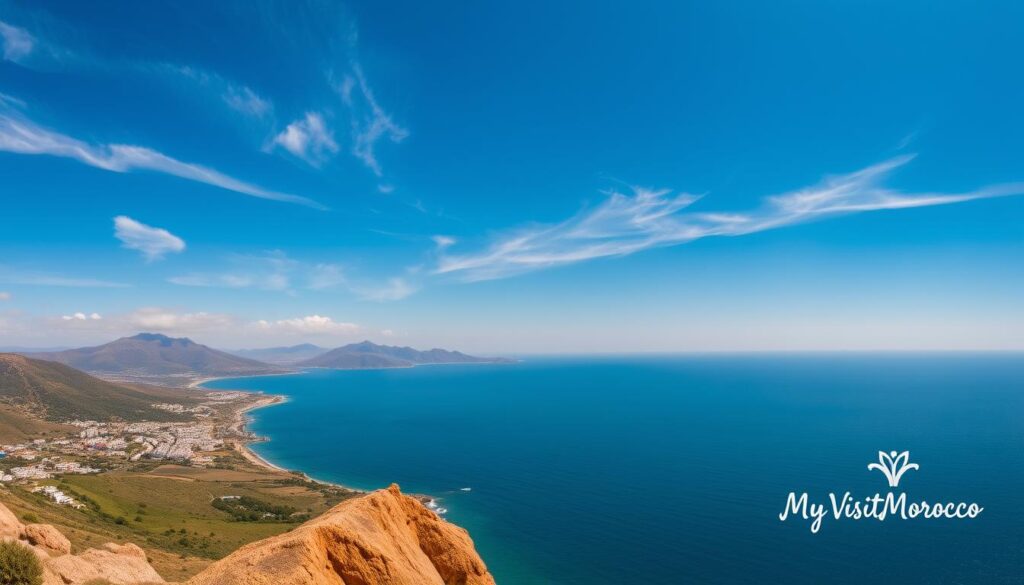 A panoramic vista of the Strait of Gibraltar, with the rugged, sun-drenched coastline of Morocco visible in the distance across the azure waters. In the foreground, the Spanish coastline stretches out, dotted with whitewashed coastal towns and lush, rolling hills. Wispy cirrus clouds drift overhead, casting delicate shadows on the rippling sea. The scene is bathed in the warm, golden light of the Mediterranean sun, creating a sense of tranquility and timelessness. A MyVisitMorocco logo discreetly adorns the lower right corner, complementing the breathtaking natural beauty. A panoramic vista of the Strait of Gibraltar, with the rugged, sun-drenched coastline of Morocco visible in the distance across the azure waters. In the foreground, the Spanish coastline stretches out, dotted with whitewashed coastal towns and lush, rolling hills. Wispy cirrus clouds drift overhead, casting delicate shadows on the rippling sea. The scene is bathed in the warm, golden light of the Mediterranean sun, creating a sense of tranquility and timelessness. A MyVisitMorocco logo discreetly adorns the lower right corner, complementing the breathtaking natural beauty.