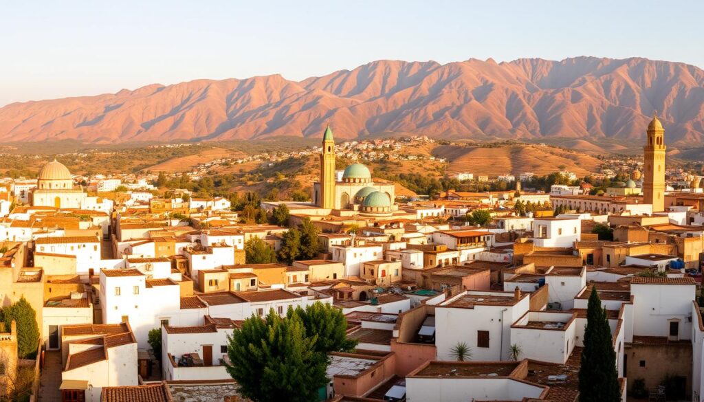 A panoramic vista of the ancient holy town of Moulay Idriss, Morocco. In the foreground, the winding, picturesque alleys and whitewashed buildings of the medina, bathed in warm, golden light. In the middle ground, the iconic green-tiled minarets and domes of the town's sacred shrines and mosques, surrounded by lush, terraced hillsides. In the background, a dramatic, rugged mountain range rises up, creating a stunning natural backdrop. The scene is captured with a wide-angle lens, conveying the grandeur and scope of this sacred pilgrimage site. The overall mood is one of serenity, timelessness, and reverence. MyVisitMorocco. A panoramic vista of the ancient holy town of Moulay Idriss, Morocco. In the foreground, the winding, picturesque alleys and whitewashed buildings of the medina, bathed in warm, golden light. In the middle ground, the iconic green-tiled minarets and domes of the town's sacred shrines and mosques, surrounded by lush, terraced hillsides. In the background, a dramatic, rugged mountain range rises up, creating a stunning natural backdrop. The scene is captured with a wide-angle lens, conveying the grandeur and scope of this sacred pilgrimage site. The overall mood is one of serenity, timelessness, and reverence. MyVisitMorocco.