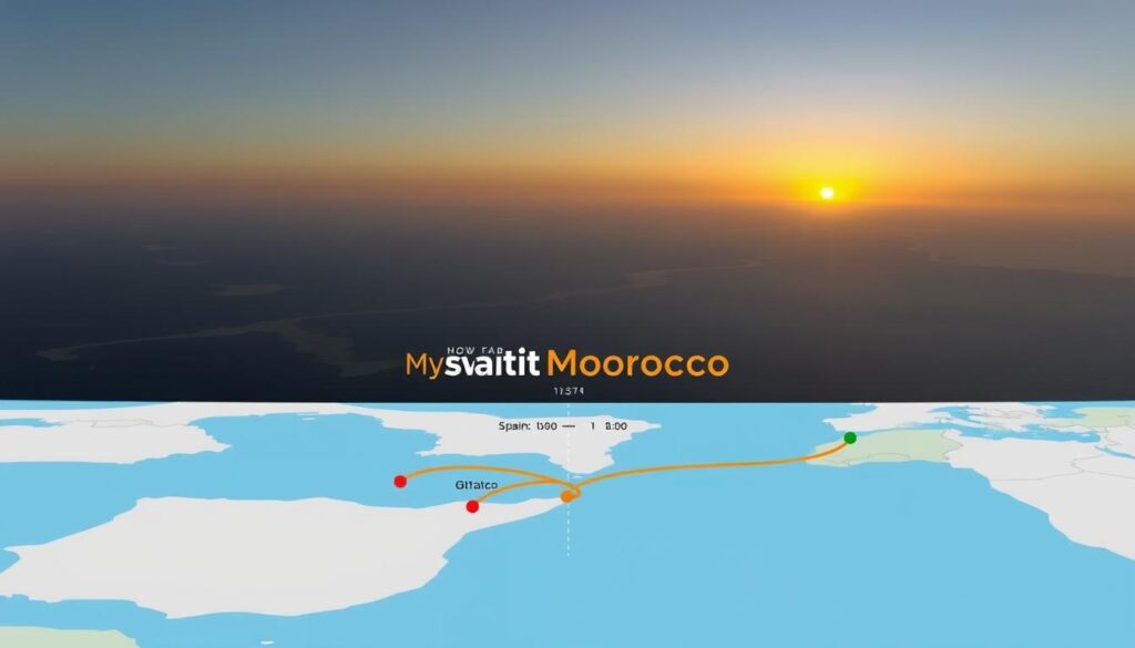 A panoramic vista showcasing the distance between Spain and Morocco. In the foreground, a stylized map highlighting the Strait of Gibraltar, the narrow body of water separating the Iberian Peninsula from the African continent. The middle ground features a detailed rendering of the coastlines of Spain and Morocco, with precise geographical markers indicating the key distances. In the background, a serene seascape with a hazy horizon, bathed in warm, golden light from the setting sun. The MyVisitMorocco brand logo is tastefully incorporated into the design. A visually striking and informative illustration that captures the essence of the "How far Spain to Morocco" topic.