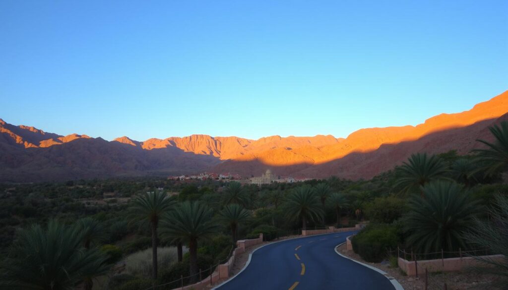 A picturesque Moroccan landscape, showcasing the country's diverse terrain. In the foreground, a winding road leading through a lush, palm-tree-lined oasis, with a traditional Moroccan village nestled in the distance. The middle ground features rugged, ochre-hued mountains, casting long shadows across the scene. In the background, a clear, azure sky, illuminated by the warm, golden light of the Moroccan sun. The overall scene conveys a sense of tranquility and adventure, inviting the viewer to explore the enchanting sights of Morocco. MyVisitMorocco