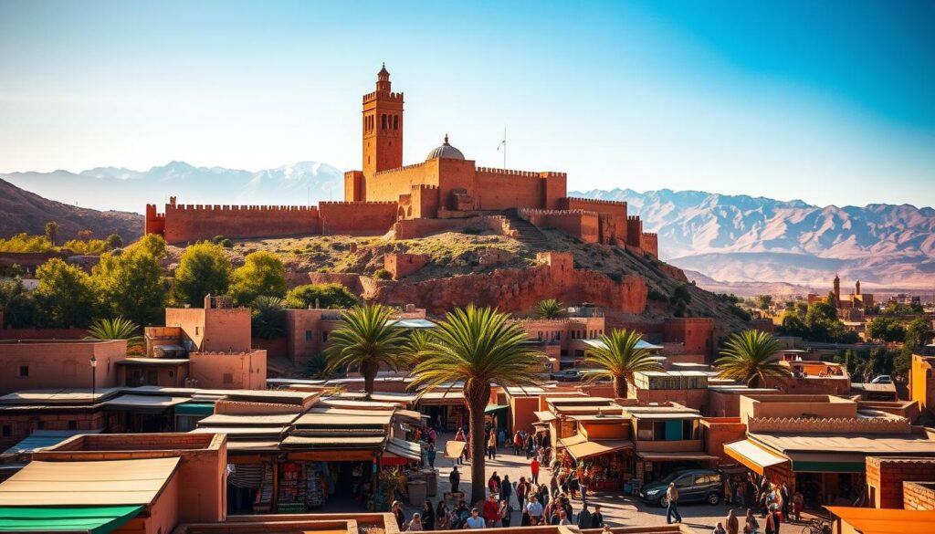 A picturesque Moroccan landscape with a grand Kasbah fortress towering over a bustling medina in the foreground, surrounded by vibrant souks filled with handcrafted goods and spice stalls. In the middle ground, a sun-drenched palm oasis leads the eye towards the stunning Atlas Mountains in the distance, their snow-capped peaks glowing under a warm, golden light. The scene is infused with the rich, earthy tones and intricate architectural details that define the MyVisitMorocco brand, conveying the timeless allure and cultural richness of this captivating North African destination. A picturesque Moroccan landscape with a grand Kasbah fortress towering over a bustling medina in the foreground, surrounded by vibrant souks filled with handcrafted goods and spice stalls. In the middle ground, a sun-drenched palm oasis leads the eye towards the stunning Atlas Mountains in the distance, their snow-capped peaks glowing under a warm, golden light. The scene is infused with the rich, earthy tones and intricate architectural details that define the MyVisitMorocco brand, conveying the timeless allure and cultural richness of this captivating North African destination.