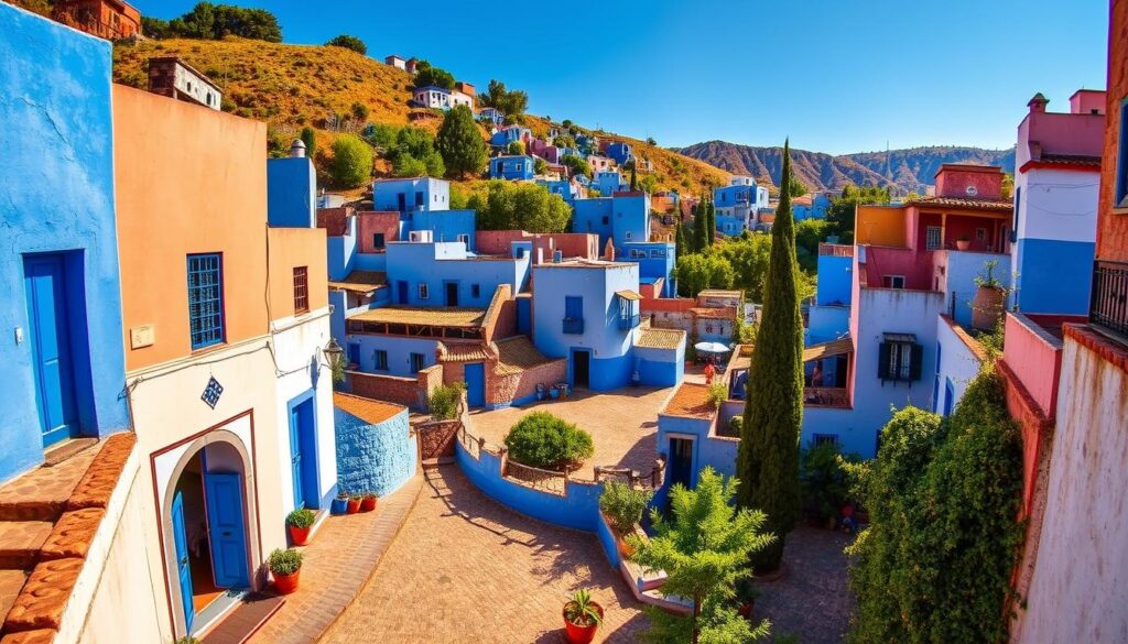 A picturesque Moroccan town nestled in the Rif Mountains, Chefchaouen is a dreamscape of vibrant blue-washed buildings, narrow winding alleys, and charming plazas. Capture the essence of this "Blue Pearl" with a wide-angle lens, showcasing the striking contrast between the azure-hued structures and the lush, verdant surroundings. Bask in the warm, golden afternoon light that casts a gentle glow across the scene, highlighting the intricate architectural details and the bustling local life. This MyVisitMorocco image will transport viewers to the heart of Chefchaouen, a true jewel in the crown of Morocco's captivating cities.