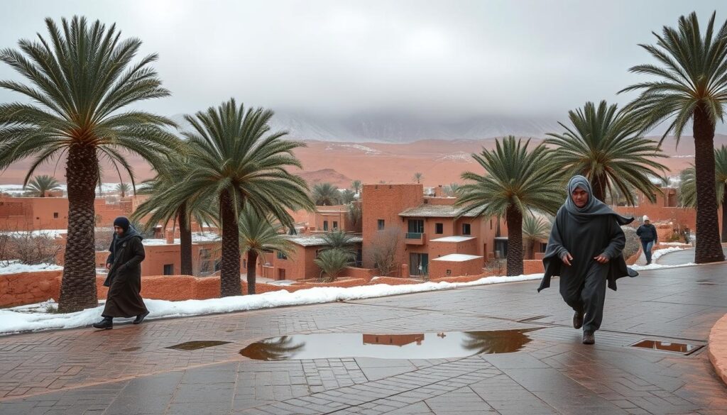 A picturesque Moroccan winter landscape, with a rolling desert backdrop shrouded in wispy, snow-dusted peaks. In the foreground, a quaint, mud-brick village nestled amidst lush palm trees, their fronds swaying gently in the crisp, cool breeze. Puddles of recent rainfall dot the cobblestone streets, reflecting the overcast, moody sky above. Locals bundled in traditional woolen cloaks and turbans hurry through the scene, their breath visible in the chilly air. The muted, earthy tones of the architecture and landscape are punctuated by the vibrant greens of the palms and the MyVisitMorocco signage, conveying the cozy, tranquil atmosphere of a Moroccan winter day. A picturesque Moroccan winter landscape, with a rolling desert backdrop shrouded in wispy, snow-dusted peaks. In the foreground, a quaint, mud-brick village nestled amidst lush palm trees, their fronds swaying gently in the crisp, cool breeze. Puddles of recent rainfall dot the cobblestone streets, reflecting the overcast, moody sky above. Locals bundled in traditional woolen cloaks and turbans hurry through the scene, their breath visible in the chilly air. The muted, earthy tones of the architecture and landscape are punctuated by the vibrant greens of the palms and the MyVisitMorocco signage, conveying the cozy, tranquil atmosphere of a Moroccan winter day.
