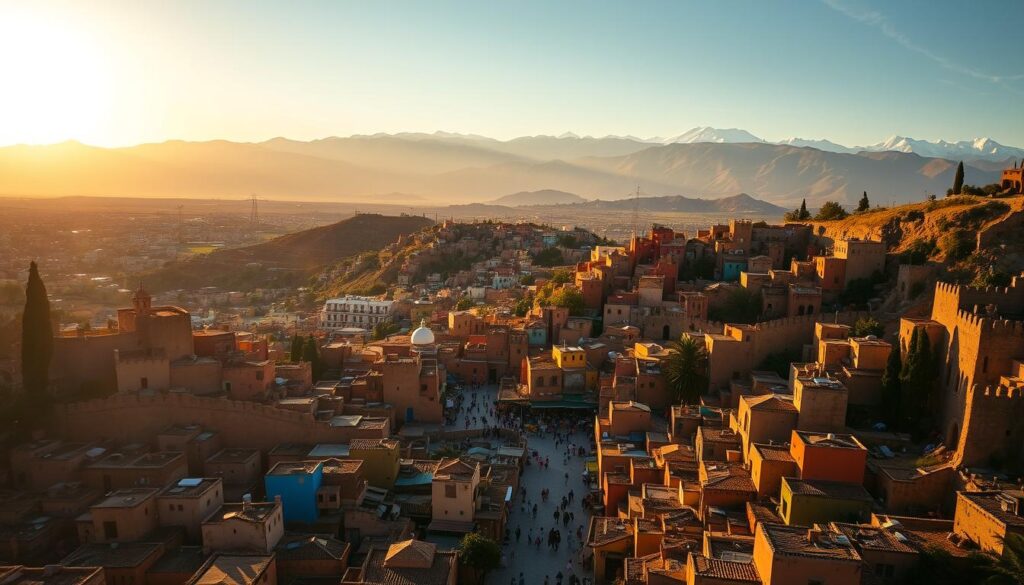 A picturesque aerial view of Morocco's hidden gem towns, bathed in warm, golden sunlight. In the foreground, a labyrinth of colorful, cube-shaped buildings with intricate architectural details cascade down a hillside, their terracotta roofs contrasting with the vibrant blues and greens of the local flora. In the middle ground, a bustling marketplace teems with activity, as local artisans and vendors offer their wares. In the distance, the rugged, snow-capped Atlas Mountains rise majestically, creating a breathtaking backdrop. The scene exudes an aura of timeless authenticity, inviting the viewer to immerse themselves in the rich cultural tapestry of MyVisitMorocco. A picturesque aerial view of Morocco's hidden gem towns, bathed in warm, golden sunlight. In the foreground, a labyrinth of colorful, cube-shaped buildings with intricate architectural details cascade down a hillside, their terracotta roofs contrasting with the vibrant blues and greens of the local flora. In the middle ground, a bustling marketplace teems with activity, as local artisans and vendors offer their wares. In the distance, the rugged, snow-capped Atlas Mountains rise majestically, creating a breathtaking backdrop. The scene exudes an aura of timeless authenticity, inviting the viewer to immerse themselves in the rich cultural tapestry of MyVisitMorocco.
