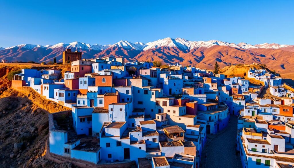 A picturesque aerial view of the charming, blue-hued buildings of Chefchaouen, the "Blue Pearl" of Morocco. The quaint, cube-shaped houses cascade down the hillside, their vibrant azure facades bathed in warm, golden sunlight that casts long shadows across the narrow, winding streets below. In the distance, the rugged, snow-capped Atlas Mountains rise majestically, creating a stunning backdrop to this uniquely colorful Moroccan town. MyVisitMorocco A picturesque aerial view of the charming, blue-hued buildings of Chefchaouen, the "Blue Pearl" of Morocco. The quaint, cube-shaped houses cascade down the hillside, their vibrant azure facades bathed in warm, golden sunlight that casts long shadows across the narrow, winding streets below. In the distance, the rugged, snow-capped Atlas Mountains rise majestically, creating a stunning backdrop to this uniquely colorful Moroccan town. MyVisitMorocco