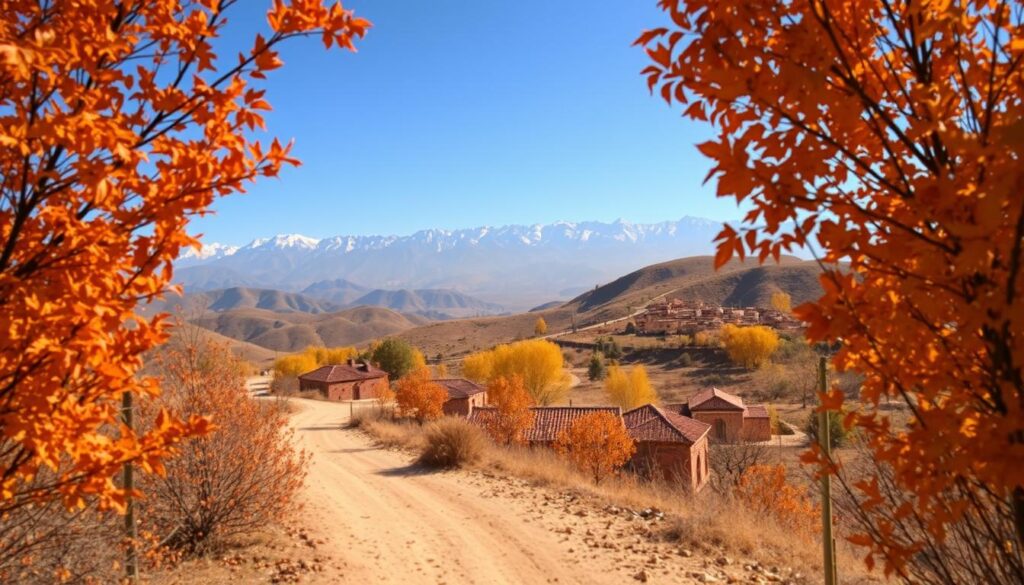 A picturesque autumn landscape in the Atlas Mountains of Morocco. In the foreground, a winding dirt path flanked by vibrant orange and yellow foliage. In the middle ground, traditional Berber houses with terracotta roofs nestled between rolling hills, their colors muted by the soft, golden light. In the background, the majestic snow-capped peaks of the High Atlas mountains, hazy under a clear blue sky. The scene is infused with a sense of tranquility and warmth, capturing the essence of fall in this enchanting North African country. Captured with a wide-angle lens to showcase the breathtaking vista. MyVisitMorocco A picturesque autumn landscape in the Atlas Mountains of Morocco. In the foreground, a winding dirt path flanked by vibrant orange and yellow foliage. In the middle ground, traditional Berber houses with terracotta roofs nestled between rolling hills, their colors muted by the soft, golden light. In the background, the majestic snow-capped peaks of the High Atlas mountains, hazy under a clear blue sky. The scene is infused with a sense of tranquility and warmth, capturing the essence of fall in this enchanting North African country. Captured with a wide-angle lens to showcase the breathtaking vista. MyVisitMorocco