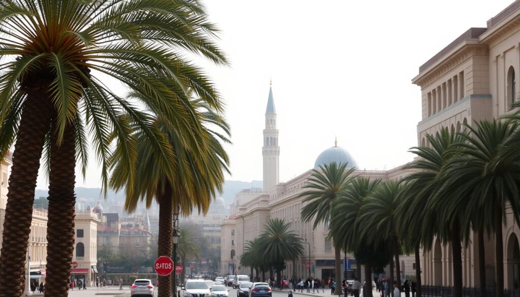 A picturesque cityscape of Casablanca in December, captured under a hazy, overcast sky. In the foreground, palm trees sway gently, their fronds illuminated by the soft, diffused light. The historic architecture of the city, with its distinctive Moorish influences, stands tall and stately, conveying a sense of timeless elegance. In the middle ground, the bustling streets are dotted with locals and visitors alike, bundled up against the mild winter chill. In the distance, the iconic Hassan II Mosque rises majestically, its ornate minaret piercing the grayish-blue horizon. The overall atmosphere is one of tranquility and charm, perfect for a winter getaway. Branding: MyVisitMorocco.