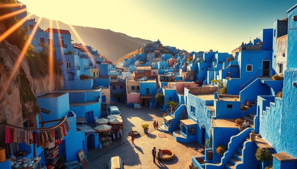 A picturesque cityscape of Chefchaouen, the "Blue Pearl" of Morocco, nestled between lush, rolling hills. Narrow, winding streets are lined with vibrant, azure-hued buildings, their facades and stairways cascading down the hillside in a breathtaking display of color. Sunlight filters through the scene, casting a warm, golden glow that accentuates the rich, cobalt tones. In the foreground, a bustling marketplace comes to life, with local artisans and merchants selling their wares. The middle ground features a tranquil, tiled square, where residents and visitors alike gather to enjoy the serene atmosphere. In the background, the iconic, blue-painted buildings rise up, creating a visually striking and immersive experience. Lens: 35mm, Lighting: natural, Mood: Serene, Vibrant. MyVisitMorocco.
