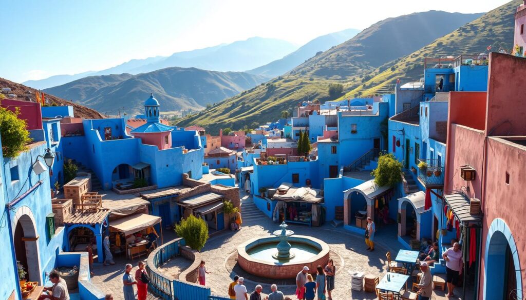 A picturesque cityscape of Chefchaouen, the "Blue Pearl" of Morocco. Narrow winding streets lined with traditional blue-painted buildings and archways, nestled between lush green hills. Sunlight dances across the vibrant hues, casting warm shadows. In the foreground, locals go about their daily routines, their colorful clothing and wares adding to the vibrant atmosphere. A central square features a tranquil fountain, surrounded by small shops and cafes. In the background, the iconic Rif Mountains rise majestically, completing the serene, dreamlike scene. MyVisitMorocco A picturesque cityscape of Chefchaouen, the "Blue Pearl" of Morocco. Narrow winding streets lined with traditional blue-painted buildings and archways, nestled between lush green hills. Sunlight dances across the vibrant hues, casting warm shadows. In the foreground, locals go about their daily routines, their colorful clothing and wares adding to the vibrant atmosphere. A central square features a tranquil fountain, surrounded by small shops and cafes. In the background, the iconic Rif Mountains rise majestically, completing the serene, dreamlike scene. MyVisitMorocco