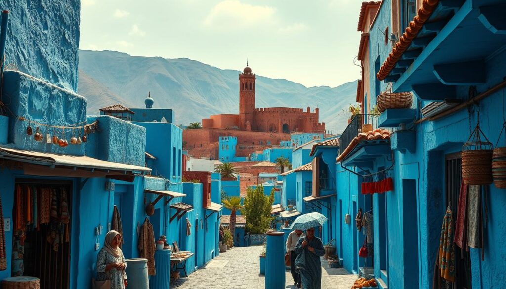 A picturesque cityscape of Chefchaouen, the "Blue Pearl" of Morocco. The quaint, winding streets are lined with vibrant, azure-hued buildings, creating a mesmerizing, dreamlike atmosphere. In the foreground, a group of local merchants sell their wares, their traditional Moroccan garments and intricate handicrafts adding to the cultural authenticity. The middle ground features the iconic Kasbah, its ornate architecture and towering walls framed by the surrounding Rif Mountains. Soft, diffused natural lighting bathes the scene, accentuating the deep, saturated blues that have made Chefchaouen a beloved destination. MyVisitMorocco A picturesque cityscape of Chefchaouen, the "Blue Pearl" of Morocco. The quaint, winding streets are lined with vibrant, azure-hued buildings, creating a mesmerizing, dreamlike atmosphere. In the foreground, a group of local merchants sell their wares, their traditional Moroccan garments and intricate handicrafts adding to the cultural authenticity. The middle ground features the iconic Kasbah, its ornate architecture and towering walls framed by the surrounding Rif Mountains. Soft, diffused natural lighting bathes the scene, accentuating the deep, saturated blues that have made Chefchaouen a beloved destination. MyVisitMorocco
