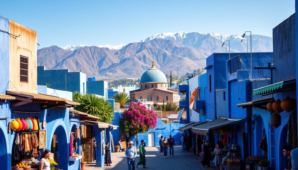 A picturesque cityscape of Chefchaouen, the "Blue Pearl" of Morocco. Vibrant cobalt-hued buildings line the winding alleys, casting striking shadows under the warm Mediterranean sun. In the foreground, a bustling marketplace showcases local handicrafts and produce, with vendors dressed in traditional Moroccan attire. The middle ground features the iconic mosque with its distinctive blue-tiled minaret, surrounded by lush foliage and colorful blooms. In the background, the rugged Atlas Mountains rise majestically, their snow-capped peaks providing a dramatic backdrop. Captured with a wide-angle lens to convey the grandeur of the scene, this image evokes the serene, picturesque essence of Chefchaouen. MyVisitMorocco