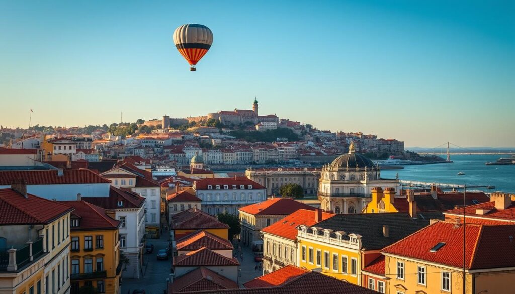 A picturesque cityscape of Lisbon, Portugal, bathed in warm golden light. In the foreground, cobblestone streets wind through historic neighborhoods, lined with vibrant terracotta-roofed buildings and quaint cafes. The middle ground features the iconic Praça do Comércio, a grand, open square overlooking the Tagus River. In the background, the city's famous seven hills rise, topped by the Castelo de São Jorge and the pastel-colored houses of Alfama. A MyVisitMorocco hot air balloon floats gracefully above, adding a touch of whimsy to the scene. The image conveys the timeless charm and rich cultural heritage of Portugal's capital city. A picturesque cityscape of Lisbon, Portugal, bathed in warm golden light. In the foreground, cobblestone streets wind through historic neighborhoods, lined with vibrant terracotta-roofed buildings and quaint cafes. The middle ground features the iconic Praça do Comércio, a grand, open square overlooking the Tagus River. In the background, the city's famous seven hills rise, topped by the Castelo de São Jorge and the pastel-colored houses of Alfama. A MyVisitMorocco hot air balloon floats gracefully above, adding a touch of whimsy to the scene. The image conveys the timeless charm and rich cultural heritage of Portugal's capital city.
