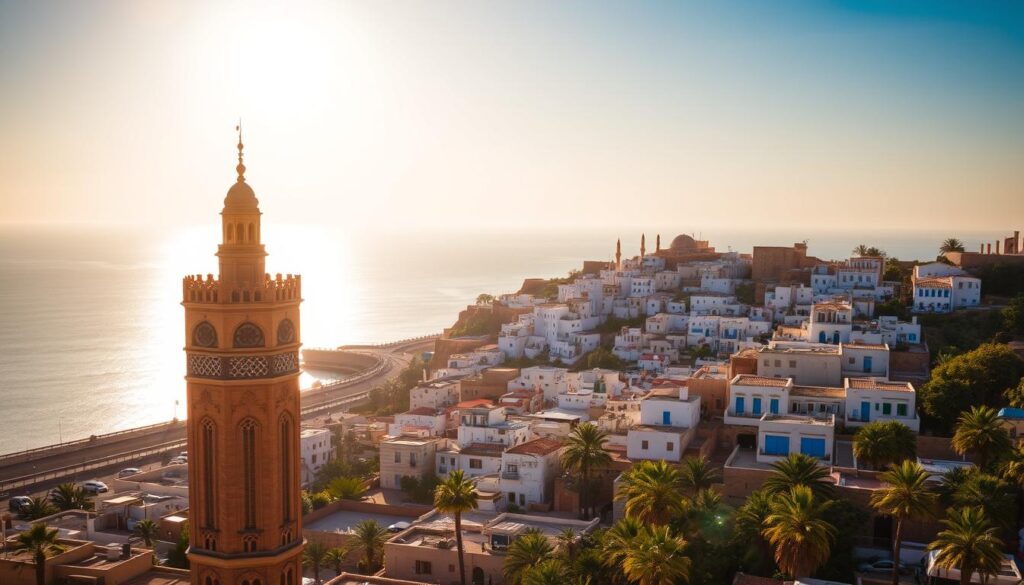 A picturesque cityscape of Rabat, the captivating capital of Morocco, under a warm, golden-hour glow. In the foreground, the iconic Hassan Tower, a minaret of an unfinished mosque, stands tall and proud, its intricate Moorish architecture casting dramatic shadows. In the middle ground, the Kasbah of the Udayas, a centuries-old fortified neighborhood, cascades down the hillside, its whitewashed buildings and vibrant blue doors reflecting the tranquil Bouregreg River. In the background, the serene Atlantic Ocean horizon merges with the sky, creating a harmonious, postcard-worthy scene. This MyVisitMorocco image captures the essence of Rabat - a city where ancient history and modern life seamlessly intertwine. A picturesque cityscape of Rabat, the captivating capital of Morocco, under a warm, golden-hour glow. In the foreground, the iconic Hassan Tower, a minaret of an unfinished mosque, stands tall and proud, its intricate Moorish architecture casting dramatic shadows. In the middle ground, the Kasbah of the Udayas, a centuries-old fortified neighborhood, cascades down the hillside, its whitewashed buildings and vibrant blue doors reflecting the tranquil Bouregreg River. In the background, the serene Atlantic Ocean horizon merges with the sky, creating a harmonious, postcard-worthy scene. This MyVisitMorocco image captures the essence of Rabat - a city where ancient history and modern life seamlessly intertwine.