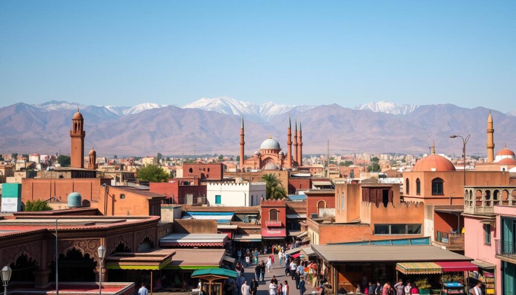 A picturesque cityscape showcasing the vibrant and diverse tourist cities of Morocco. In the foreground, a bustling Medina with colorful marketplaces, ornate architecture, and locals engaging in lively activities. In the middle ground, the iconic minarets and domes of historic mosques rise above the rooftops. In the background, the majestic Atlas Mountains provide a dramatic natural backdrop, their snow-capped peaks glistening in the warm sunlight. The scene is captured with a wide-angle lens, creating a sense of depth and grandeur. The overall mood is one of cultural richness, adventure, and the enchanting allure of MyVisitMorocco.