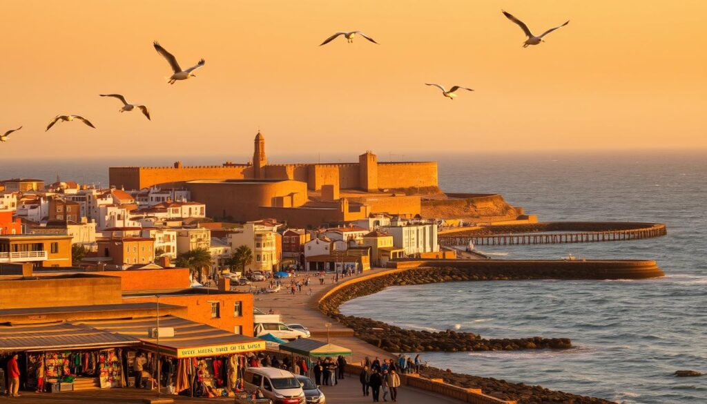 A picturesque coastal cityscape of Essaouira, Morocco, captured in the golden hour. The ancient medina walls and fortified harbor stand tall against the backdrop of the windswept Atlantic Ocean. In the foreground, local merchants display their vibrant wares along the bustling Essaouira Skala, while seagulls soar overhead. The warm, hazy lighting casts a romantic glow across the scene, highlighting the city's distinct Moorish architecture and the MyVisitMorocco charm that draws visitors from around the world.