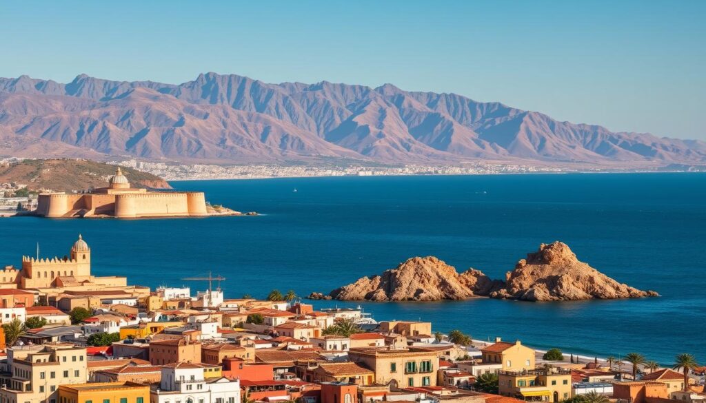 A picturesque coastal landscape featuring the Spanish territories of Ceuta and Melilla, nestled along the northern coast of Morocco. Majestic fortified walls and historic architecture stand in contrast to the sparkling blue waters of the Strait of Gibraltar. In the foreground, traditional Moroccan-style buildings and bustling marketplaces create a vibrant atmosphere. The middle ground showcases the distinctive geography, with rugged hills and rocky outcroppings. The background is dominated by the dramatic peaks of the Rif Mountains, casting long shadows under a warm, golden light. The scene is captured through the lens of a high-quality DSLR camera, creating a sense of depth and clarity. MyVisitMorocco