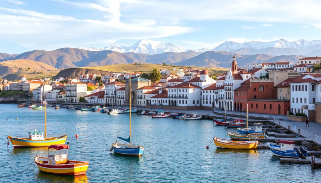 A picturesque coastal landscape featuring the diverse cultures and architectural styles of Portugal, Spain, and Morocco. In the foreground, colorful fishing boats bob gently in the calm waters of a tranquil harbor, their hulls reflecting the warm hues of the sun. In the middle ground, whitewashed buildings with terracotta roofs and intricate Moorish arches line the winding streets, hinting at the rich history of the region. The background is dominated by rolling hills and majestic mountains, their peaks capped with snow and shrouded in wispy clouds. The scene is bathed in a soft, golden light, creating a serene and inviting atmosphere. MyVisitMorocco A picturesque coastal landscape featuring the diverse cultures and architectural styles of Portugal, Spain, and Morocco. In the foreground, colorful fishing boats bob gently in the calm waters of a tranquil harbor, their hulls reflecting the warm hues of the sun. In the middle ground, whitewashed buildings with terracotta roofs and intricate Moorish arches line the winding streets, hinting at the rich history of the region. The background is dominated by rolling hills and majestic mountains, their peaks capped with snow and shrouded in wispy clouds. The scene is bathed in a soft, golden light, creating a serene and inviting atmosphere. MyVisitMorocco