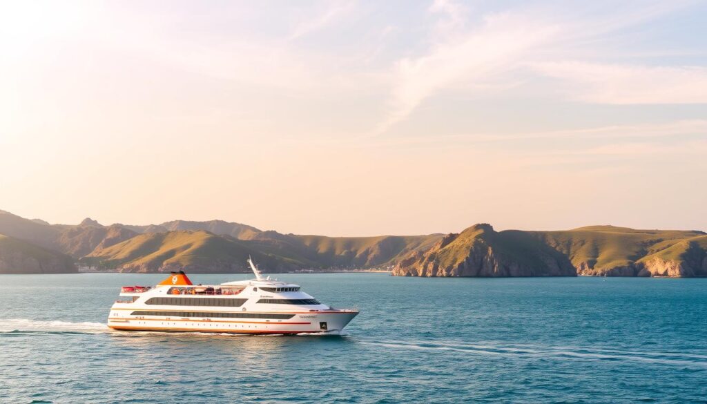 A picturesque coastal scene depicting the ferry route between Morocco and Spain. In the foreground, a majestic ferry vessel navigates the calm, azure waters, its sleek design and bright colors reflecting the vibrant spirit of the region. In the middle ground, rugged cliffs and lush, verdant hills line the Moroccan coastline, while on the horizon, the distant silhouette of the Spanish coast emerges. The sky is a soft, hazy blue, with wispy clouds drifting overhead, casting a warm, golden glow over the entire scene. The overall mood is one of adventure, tranquility, and the seamless connection between these two vibrant cultures. MyVisitMorocco.