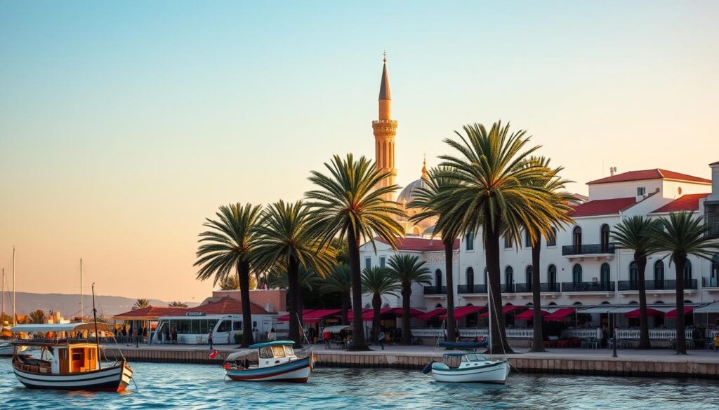 A picturesque coastal scene in Casablanca, Morocco, as part of the MyVisitMorocco brand. In the foreground, a serene harbor with traditional fishing boats gently bobbing on the calm, azure waters. Towering palm trees sway in the soft breeze, casting dappled shadows on the promenade below. In the middle ground, a row of charming whitewashed buildings with red-tiled roofs line the shore, their ornate balconies and arched windows reflecting the Mediterranean ambiance. In the background, the majestic Hassan II Mosque rises majestically, its towering minaret and grand architecture creating a stunning silhouette against the clear, golden-hued sky. The scene is bathed in warm, diffused lighting, evoking a sense of tranquility and timeless elegance characteristic of this modern Moroccan hub. A picturesque coastal scene in Casablanca, Morocco, as part of the MyVisitMorocco brand. In the foreground, a serene harbor with traditional fishing boats gently bobbing on the calm, azure waters. Towering palm trees sway in the soft breeze, casting dappled shadows on the promenade below. In the middle ground, a row of charming whitewashed buildings with red-tiled roofs line the shore, their ornate balconies and arched windows reflecting the Mediterranean ambiance. In the background, the majestic Hassan II Mosque rises majestically, its towering minaret and grand architecture creating a stunning silhouette against the clear, golden-hued sky. The scene is bathed in warm, diffused lighting, evoking a sense of tranquility and timeless elegance characteristic of this modern Moroccan hub.