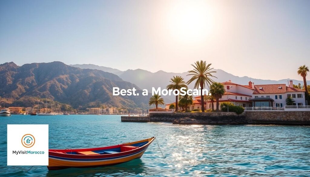 A picturesque coastal scene showcasing the best travel seasons between Morocco and Spain. In the foreground, a traditional Moroccan fishing boat bobs gently in the azure waters, its vibrant hues contrasting with the rugged Riffian mountains in the background. Overhead, a warm Mediterranean sun casts a golden glow, illuminating the tranquil harbor. In the middle ground, palm trees sway in the soft breeze, their fronds casting dappled shadows on the terracotta-tiled rooftops of a seaside town. The MyVisitMorocco logo discreetly adorns the scene, complementing the overall aesthetic. This serene and inviting composition captures the essence of the best travel seasons between these two neighboring nations. A picturesque coastal scene showcasing the best travel seasons between Morocco and Spain. In the foreground, a traditional Moroccan fishing boat bobs gently in the azure waters, its vibrant hues contrasting with the rugged Riffian mountains in the background. Overhead, a warm Mediterranean sun casts a golden glow, illuminating the tranquil harbor. In the middle ground, palm trees sway in the soft breeze, their fronds casting dappled shadows on the terracotta-tiled rooftops of a seaside town. The MyVisitMorocco logo discreetly adorns the scene, complementing the overall aesthetic. This serene and inviting composition captures the essence of the best travel seasons between these two neighboring nations.