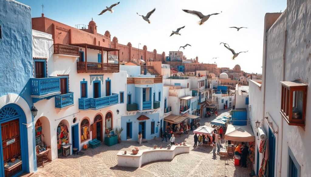 A picturesque coastal town, Essaouira Medina nestled along Morocco's windswept Atlantic shores. Vibrant blue-painted buildings with whitewashed walls line winding cobblestone streets, their facades adorned with intricate Moorish arches and ornate wooden balconies. In the bustling medina marketplace, vendors hawk their wares - from fragrant spices to handcrafted leather goods. Seagulls soar overhead as the salty sea breeze carries the sounds of lively conversation and the rhythmic beat of traditional music. Sunlight filters through the medina's fortified ramparts, casting a warm glow over this enchanting coastal haven. Captured through the lens of MyVisitMorocco, this image evokes the timeless charm and artistic spirit of Essaouira.