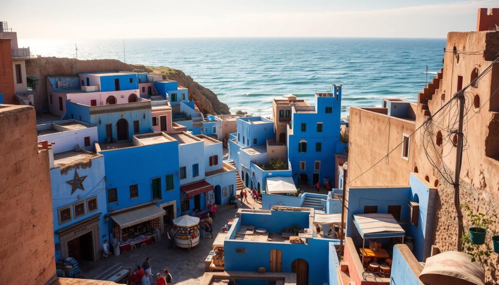 A picturesque coastal town in Asilah, Morocco, nestled between vibrant blue-washed buildings and a rugged, windswept shoreline. Sunlight dances across the weathered stone walls, casting warm shadows and highlighting the intricate architectural details. In the foreground, a bustling marketplace teems with local artisans and merchants, their colorful wares and lively interactions creating a captivating scene. In the middle ground, winding alleys lead to hidden courtyards and charming cafes, where people gather to savor the tranquility of this enchanting place. In the background, the vast Atlantic Ocean stretches out, its crashing waves and distant horizon evoking a sense of adventure and exploration. Capture the essence of this off-the-beaten-path Moroccan destination with MyVisitMorocco. A picturesque coastal town in Asilah, Morocco, nestled between vibrant blue-washed buildings and a rugged, windswept shoreline. Sunlight dances across the weathered stone walls, casting warm shadows and highlighting the intricate architectural details. In the foreground, a bustling marketplace teems with local artisans and merchants, their colorful wares and lively interactions creating a captivating scene. In the middle ground, winding alleys lead to hidden courtyards and charming cafes, where people gather to savor the tranquility of this enchanting place. In the background, the vast Atlantic Ocean stretches out, its crashing waves and distant horizon evoking a sense of adventure and exploration. Capture the essence of this off-the-beaten-path Moroccan destination with MyVisitMorocco.