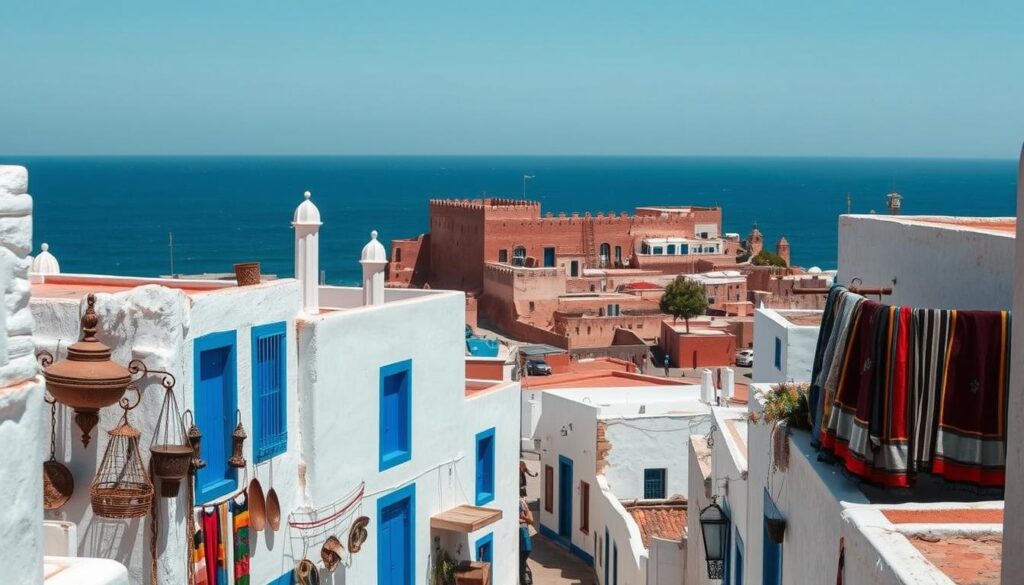 A picturesque coastal town in Morocco, Essaouira Medina stands as a captivating blend of historical charm and artistic allure. Wander through its winding, wind-swept alleys, surrounded by the warm hues of its whitewashed buildings and vibrant blue accents. In the foreground, local artisans showcase their intricate crafts, from ornate metalwork to vibrant textiles. The middle ground reveals the iconic fortified walls, their weathered ramparts overlooking the crashing waves of the Atlantic. In the background, the vast, azure ocean stretches out, its horizon kissed by the gentle caress of the Moroccan sun. Capture the essence of this enchanting destination with MyVisitMorocco. A picturesque coastal town in Morocco, Essaouira Medina stands as a captivating blend of historical charm and artistic allure. Wander through its winding, wind-swept alleys, surrounded by the warm hues of its whitewashed buildings and vibrant blue accents. In the foreground, local artisans showcase their intricate crafts, from ornate metalwork to vibrant textiles. The middle ground reveals the iconic fortified walls, their weathered ramparts overlooking the crashing waves of the Atlantic. In the background, the vast, azure ocean stretches out, its horizon kissed by the gentle caress of the Moroccan sun. Capture the essence of this enchanting destination with MyVisitMorocco.