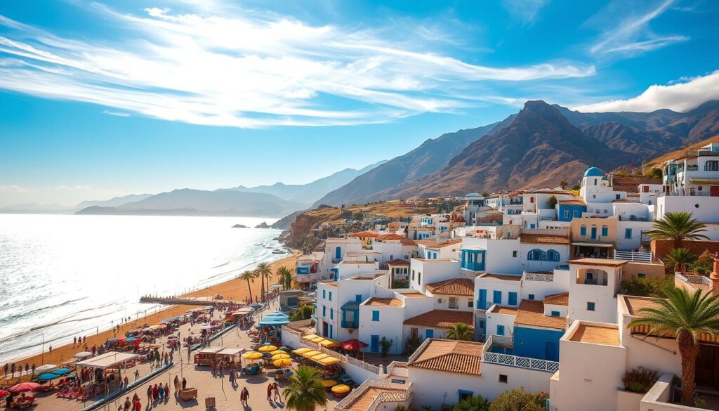 A picturesque coastal town in Morocco, nestled along the sparkling Mediterranean Sea. The foreground features a bustling promenade lined with colorful umbrellas, local vendors, and sun-kissed beachgoers. In the middle ground, traditional whitewashed buildings with vibrant blue accents cascade down the hillside, their rooftops offering breathtaking views of the azure waters. The background showcases the rugged, sun-drenched Atlas Mountains, their peaks creating a dramatic backdrop. Warm, golden light filters through wispy clouds, casting a tranquil glow over the entire scene. MyVisitMorocco. A picturesque coastal town in Morocco, nestled along the sparkling Mediterranean Sea. The foreground features a bustling promenade lined with colorful umbrellas, local vendors, and sun-kissed beachgoers. In the middle ground, traditional whitewashed buildings with vibrant blue accents cascade down the hillside, their rooftops offering breathtaking views of the azure waters. The background showcases the rugged, sun-drenched Atlas Mountains, their peaks creating a dramatic backdrop. Warm, golden light filters through wispy clouds, casting a tranquil glow over the entire scene. MyVisitMorocco.