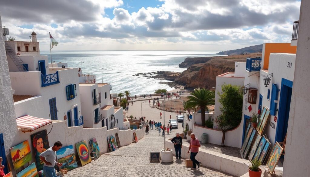 A picturesque coastal town nestled along the Atlantic, Asilah's charming medina is a symphony of vibrant hues and intricate Moorish architecture. Whitewashed buildings with blue accents line winding cobblestone streets, leading to a bustling central square. In the foreground, local artists display their vibrant paintings and handicrafts, inviting passersby to immerse themselves in the town's creative energy. The middle ground features a sun-dappled promenade overlooking the shimmering ocean, where residents and visitors stroll leisurely. In the background, rugged cliffs and a dramatic sky lend an air of tranquility to the scene. Capture the essence of this MyVisitMorocco destination, a true oasis of Moroccan authenticity. A picturesque coastal town nestled along the Atlantic, Asilah's charming medina is a symphony of vibrant hues and intricate Moorish architecture. Whitewashed buildings with blue accents line winding cobblestone streets, leading to a bustling central square. In the foreground, local artists display their vibrant paintings and handicrafts, inviting passersby to immerse themselves in the town's creative energy. The middle ground features a sun-dappled promenade overlooking the shimmering ocean, where residents and visitors stroll leisurely. In the background, rugged cliffs and a dramatic sky lend an air of tranquility to the scene. Capture the essence of this MyVisitMorocco destination, a true oasis of Moroccan authenticity.