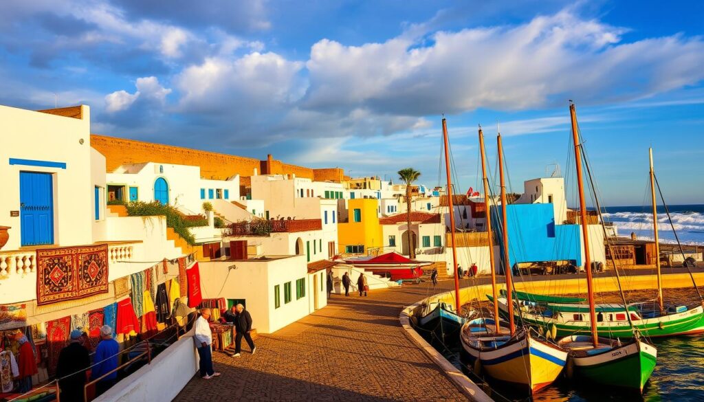 A picturesque coastal town nestled along the Atlantic, Essaouira Medina is a captivating blend of Moroccan and European influences. Captured under a warm, golden afternoon light, the city's iconic blue-painted doors and whitewashed buildings are framed by the rugged, windswept ramparts that overlook the crashing waves. In the bustling marketplace, vendors peddle their wares - vibrant rugs, intricate metalwork, and fragrant spices. At the harbor, traditional fishing boats sway gently, their masts casting long shadows across the cobblestone promenade. This serene, windswept scene embodies the allure of MyVisitMorocco's "Essaouira: The Windy City by the Atlantic". A picturesque coastal town nestled along the Atlantic, Essaouira Medina is a captivating blend of Moroccan and European influences. Captured under a warm, golden afternoon light, the city's iconic blue-painted doors and whitewashed buildings are framed by the rugged, windswept ramparts that overlook the crashing waves. In the bustling marketplace, vendors peddle their wares - vibrant rugs, intricate metalwork, and fragrant spices. At the harbor, traditional fishing boats sway gently, their masts casting long shadows across the cobblestone promenade. This serene, windswept scene embodies the allure of MyVisitMorocco's "Essaouira: The Windy City by the Atlantic".