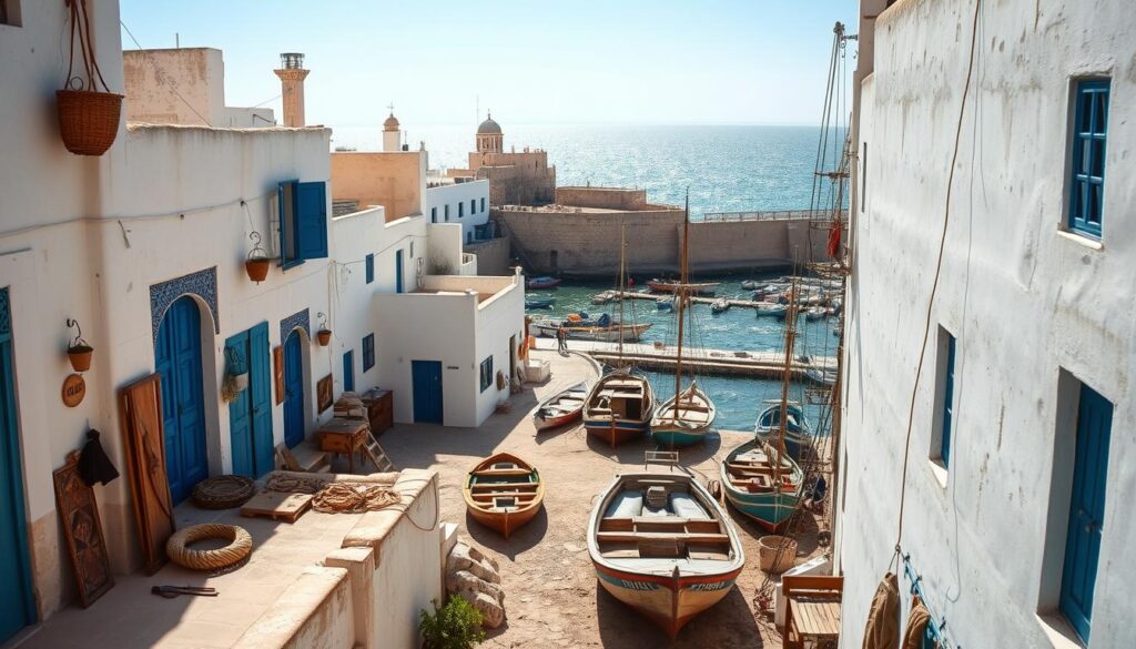 A picturesque coastal town nestled along the Atlantic, Essaouira Medina showcases a harmonious blend of Moroccan and European architectural styles. Capture the sun-drenched alleyways flanked by whitewashed buildings with ornate blue doors and windows. In the foreground, skilled artisans craft intricate leatherwork and woodcarvings in their open-air workshops. The middle ground features the bustling fishing harbor, where weathered wooden boats sway gently in the salty breeze. In the background, the ancient city walls give way to the vast, azure expanse of the ocean, framed by the rugged, windswept coastline. Convey a sense of timeless charm and artistic heritage with natural, warm lighting and a wide-angle lens. Evoke the easygoing spirit of this coastal gem for MyVisitMorocco.