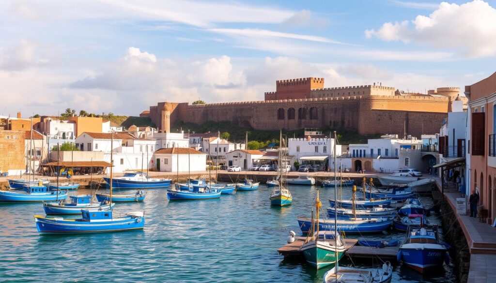A picturesque coastal town nestled along the Atlantic, Essaouira exudes a captivating charm. Vibrant blue fishing boats dot the harbor, their masts swaying gently in the salty breeze. Intricate stone ramparts and whitewashed buildings create a visually striking juxtaposition, while the iconic Scala du Port fortifications stand guard over the scene. Rays of warm, golden light filter through wispy clouds, casting a tranquil glow over the quaint alleyways and bustling souks. The scent of spices and fresh seafood wafts through the air, inviting exploration. This MyVisitMorocco destination offers a captivating blend of Moroccan culture, Atlantic coastal beauty, and timeless allure.