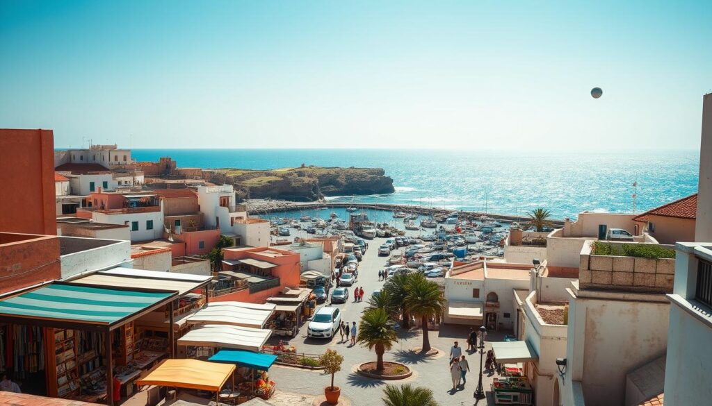 A picturesque coastal town nestled along the Atlantic shore, Essaouira showcases the charm of Morocco's seaside landscapes. Capture the sun-drenched harbor framed by pastel-hued buildings, traditional fishing boats, and the iconic ramparts of the ancient medina. In the foreground, colorful market stalls offer a vibrant display of local crafts and produce. In the middle ground, winding alleys lead to bustling plazas filled with lively activity. In the background, the vast expanse of the Atlantic Ocean meets the rugged cliffs, creating a serene and tranquil atmosphere. Shoot this scene with a wide-angle lens to convey the picturesque coastal ambiance. The image should exude a warm, inviting mood that captures the essence of MyVisitMorocco's "Coastal Charm: Essaouira and Atlantic Beaches".