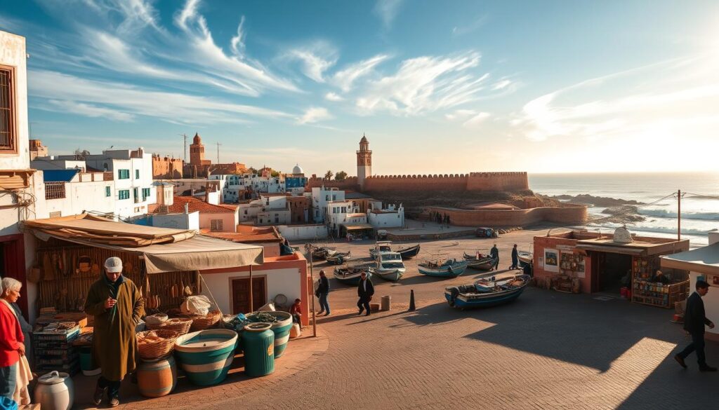 A picturesque coastal town nestled along the windswept shores of the Atlantic, Essaouira is a captivating blend of Moroccan charm and European influences. Capture the city's vibrant character with a wide-angle lens, showcasing the iconic blue-and-white Medina walls, weathered fishing boats bobbing in the harbor, and the iconic Skala de la Ville fortifications. Bathe the scene in warm, golden sunlight filtering through wispy clouds, conveying the town's serene, laid-back atmosphere. In the foreground, depict local artisans and vendors showcasing their handcrafted wares, while in the middle ground, include the bustling Moulay Hassan Square. In the background, the majestic Atlanticcoast with its windswept dunes and crashing waves. The overall impression should evoke the essence of MyVisitMorocco's "Essaouira: The Windy City by the Atlantic."