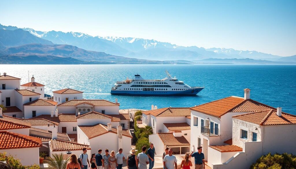 A picturesque coastal village in southern Spain, with whitewashed buildings and terracotta roofs, overlooking the sparkling Mediterranean Sea. In the foreground, a group of travelers gathers, preparing for their cross-continental journey to Morocco. Mid-ground, a ferry awaits, its sleek lines and gleaming hull reflecting the warm, golden sunlight. In the background, the majestic Atlas Mountains rise, their snow-capped peaks hinting at the adventures that await. The scene conveys a sense of excitement and anticipation, as the travelers embark on their MyVisitMorocco adventure.