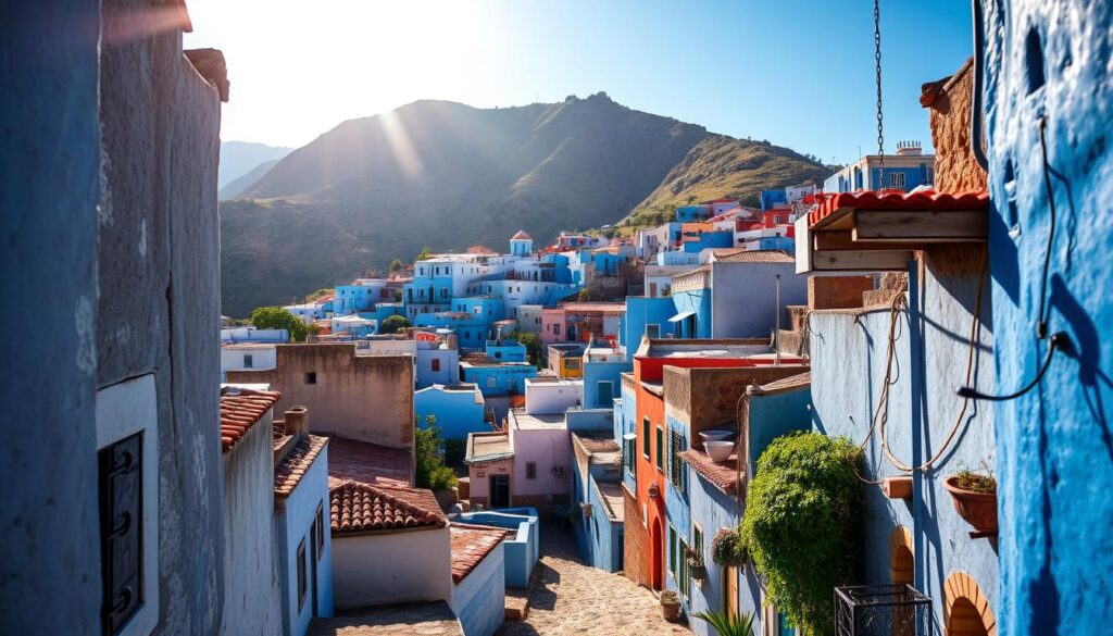 A picturesque hillside town nestled in the Rif Mountains, Chefchaouen, Morocco, showcases its iconic blue-washed buildings and charming alleyways. Capture the tranquil atmosphere with a wide-angle lens, framing the vibrant medina against the dramatic mountainous backdrop. Sunlight filters through the narrow streets, casting warm, soft shadows that accentuate the town's architectural details. Convey the sense of serenity and wonder that this "Blue Pearl" evokes, where visitors can immerse themselves in the authentic Moroccan culture. MyVisitMorocco A picturesque hillside town nestled in the Rif Mountains, Chefchaouen, Morocco, showcases its iconic blue-washed buildings and charming alleyways. Capture the tranquil atmosphere with a wide-angle lens, framing the vibrant medina against the dramatic mountainous backdrop. Sunlight filters through the narrow streets, casting warm, soft shadows that accentuate the town's architectural details. Convey the sense of serenity and wonder that this "Blue Pearl" evokes, where visitors can immerse themselves in the authentic Moroccan culture. MyVisitMorocco