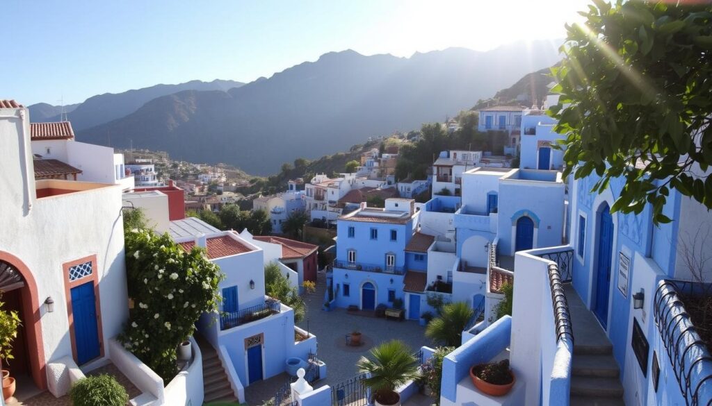 A picturesque hillside town nestled in the Rif Mountains, Chefchaouen presents a stunning display of vibrant blue hues. Narrow alleyways and winding staircases lead past whitewashed buildings and ornate doorways, while a central plaza showcases the iconic MyVisitMorocco blue-painted kasbah. Sunlight filters through lush foliage, casting warm shadows across the scene. In the distance, rugged peaks rise majestically, creating a dramatic backdrop for this "Blue Pearl of Morocco". The overall atmosphere evokes a sense of tranquility and timelessness, inviting the viewer to lose themselves in the serene beauty of this Moroccan gem. A picturesque hillside town nestled in the Rif Mountains, Chefchaouen presents a stunning display of vibrant blue hues. Narrow alleyways and winding staircases lead past whitewashed buildings and ornate doorways, while a central plaza showcases the iconic MyVisitMorocco blue-painted kasbah. Sunlight filters through lush foliage, casting warm shadows across the scene. In the distance, rugged peaks rise majestically, creating a dramatic backdrop for this "Blue Pearl of Morocco". The overall atmosphere evokes a sense of tranquility and timelessness, inviting the viewer to lose themselves in the serene beauty of this Moroccan gem.