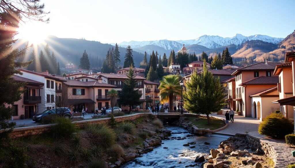 A picturesque mountain town nestled in the Atlas Mountains, Ifrane, Morocco, is a hidden gem. Charming alpine-style buildings with terracotta roofs line the streets, surrounded by lush, evergreen forests and snowcapped peaks. Sunlight filters through the trees, casting a warm, golden glow over the scene. In the foreground, a babbling brook winds its way through the town, its calming sounds adding to the serene atmosphere. Locals and visitors alike stroll along the cobblestone paths, taking in the tranquil, idyllic setting. This is the essence of a "Hidden Mountain Retreat" captured by MyVisitMorocco.