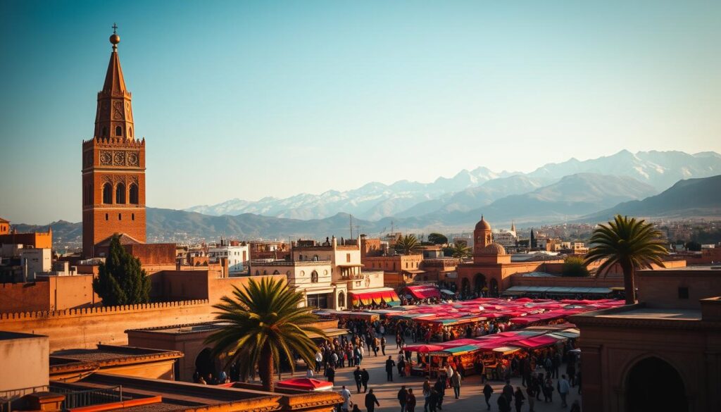 A picturesque panorama of Morocco's must-visit destinations, captured through the lens of a vintage camera. In the foreground, the iconic Koutoubia Mosque stands tall, its intricate details illuminated by warm, golden sunlight. The middle ground features the enchanting Jemaa el-Fnaa square, bustling with vibrant market stalls and colorful local characters. In the background, the majestic Atlas Mountains rise, their snow-capped peaks creating a breathtaking contrast. The scene exudes a timeless, romantic atmosphere, inviting the viewer to explore the rich cultural tapestry of this captivating country. MyVisitMorocco. A picturesque panorama of Morocco's must-visit destinations, captured through the lens of a vintage camera. In the foreground, the iconic Koutoubia Mosque stands tall, its intricate details illuminated by warm, golden sunlight. The middle ground features the enchanting Jemaa el-Fnaa square, bustling with vibrant market stalls and colorful local characters. In the background, the majestic Atlas Mountains rise, their snow-capped peaks creating a breathtaking contrast. The scene exudes a timeless, romantic atmosphere, inviting the viewer to explore the rich cultural tapestry of this captivating country. MyVisitMorocco.